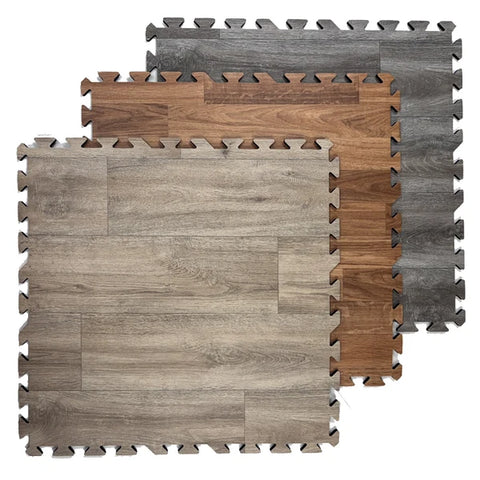 Wood-look vinyl interlocking trade show flooring tiles in three finishes